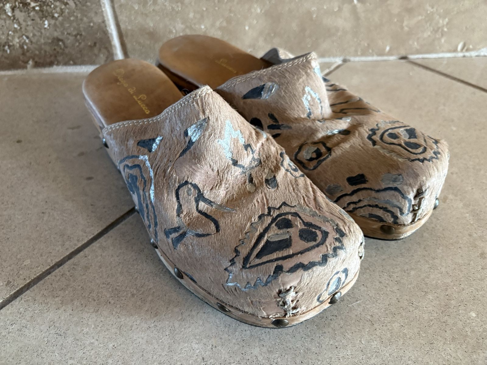 Diego di Lucca Wood Clogs w/ Leather Calf  Hair Sz 9
