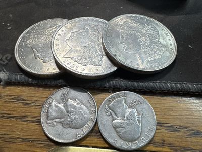 3 Morgan Silver Dollars and 2 Silver Washington Quarters