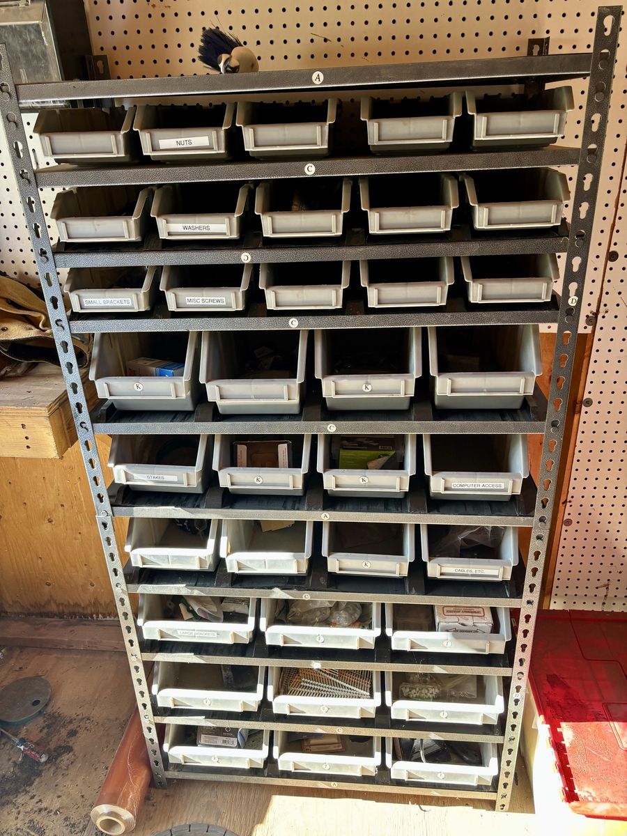 Multi-Tier Metal Storage Rack with Plastic Bins - Perfect for Garages or Shops - Must pick up Mon 8/31 to get this Amazing Deal!