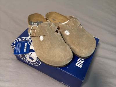 Birkenstock Boston Taupe Suede Soft Footbed Clogs Sandals Size 42 Regular NEW