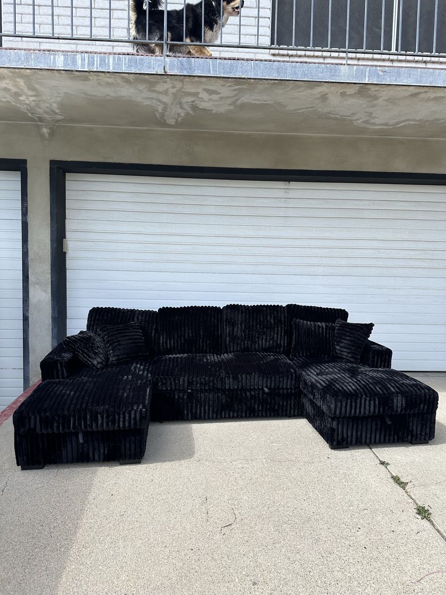 Brand New Black Corduroy U-Shaped Pull Out Sectional Sofa w/ Storage Chaises w/ USB + Pillows