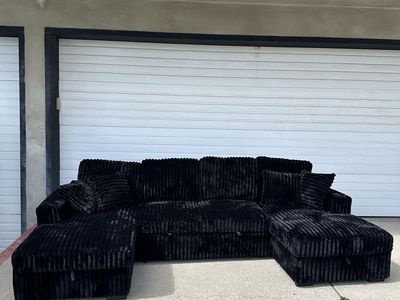 Brand New Black Corduroy U-Shaped Pull Out Sectional Sofa w/ Storage Chaises w/ USB + Pillows