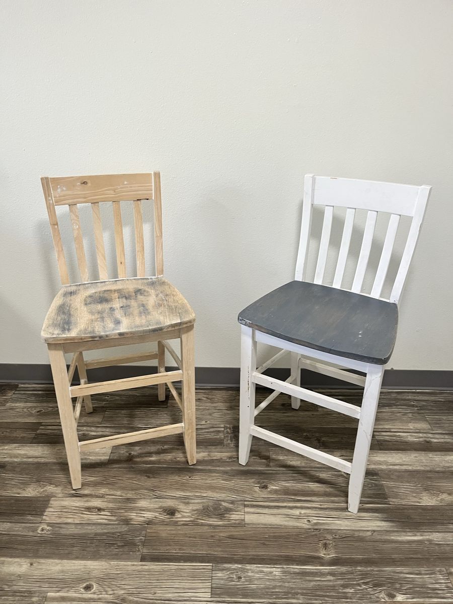 Pair of Wooden Bar Stools - White/Gray & Natural Wood Finishes, Shabby Chic