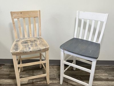Pair of Wooden Bar Stools - White/Gray & Natural Wood Finishes, Shabby Chic