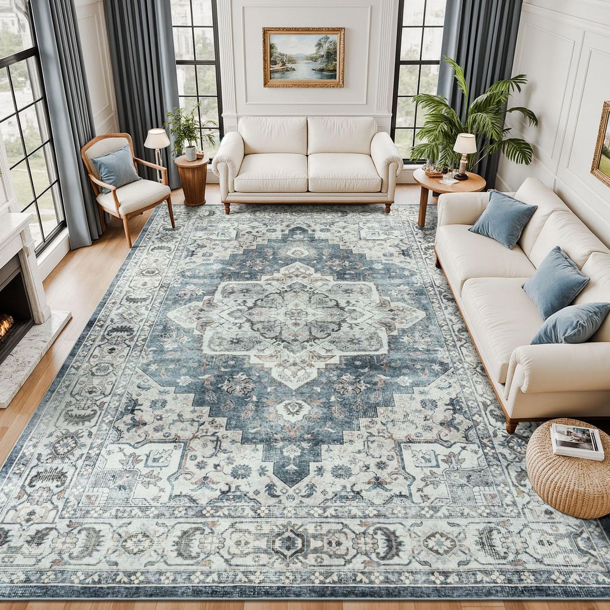 NEW 9x12 for Living Room, Soft Washable Rug Distressed Vintage Medallion Floral Beige Gray Blue
