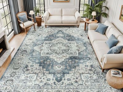 NEW 9x12 for Living Room, Soft Washable Rug Distressed Vintage Medallion Floral Beige Gray Blue