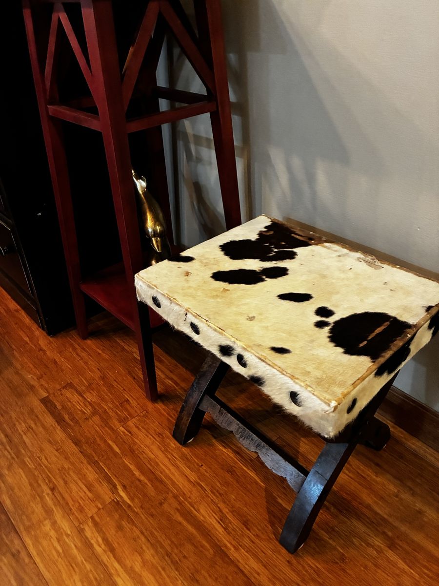 Rustic Cow Wooden X-Base Accent Stool / Ottoman