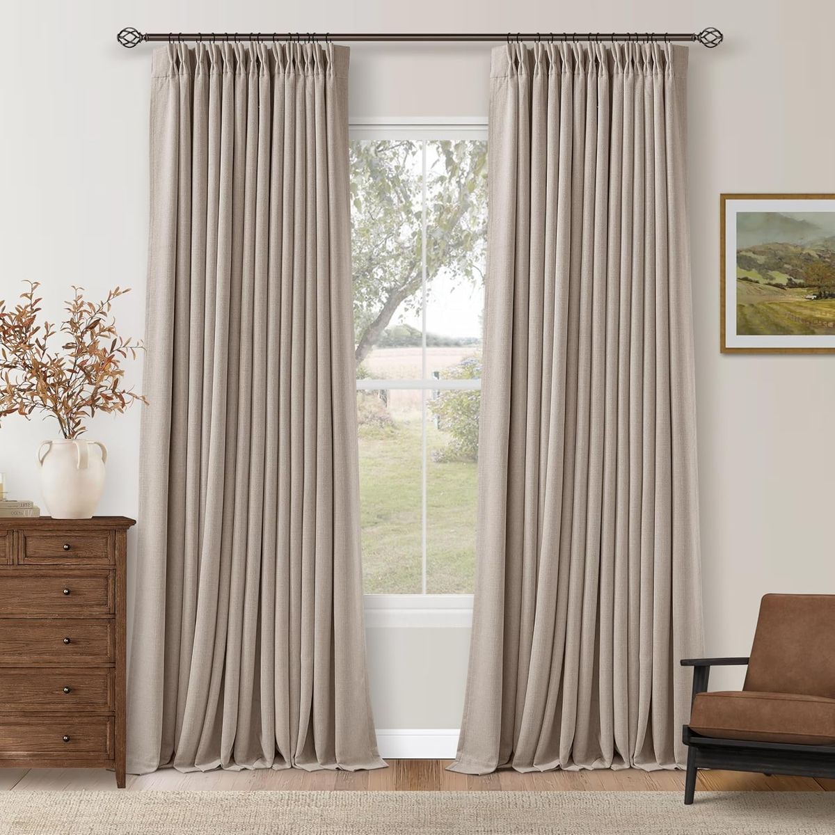 New with no tags.  2 Burlywood color Pleated Blackout Burlap each curtain is 40x120 Inch