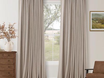 New with no tags. 2 Burlywood color Pleated Blackout Burlap each curtain is 40x120 Inch