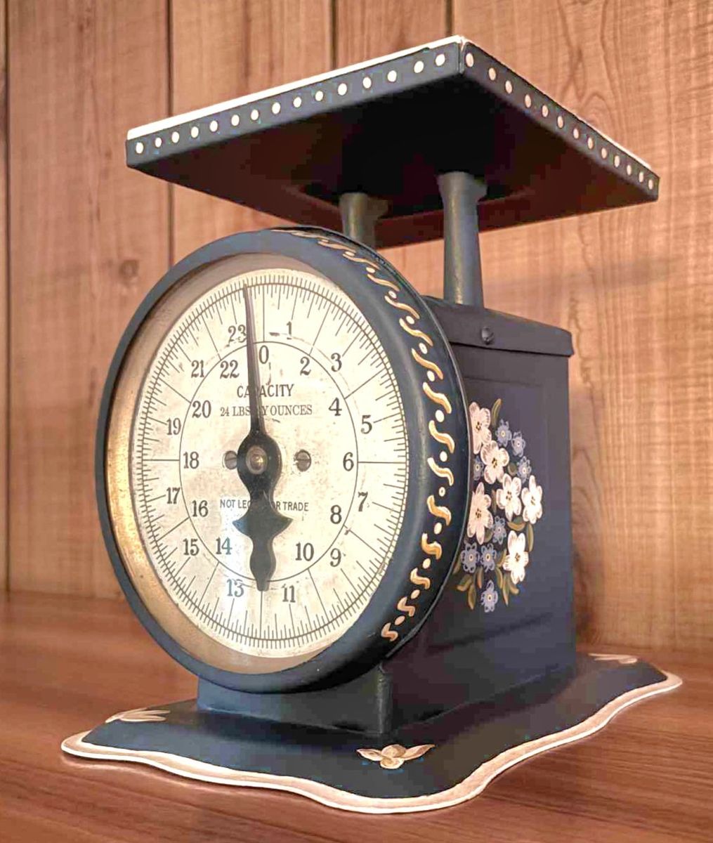 Vintage Tole-Hand-Painted Floral Kitchen Scale - Blue with White Flowers