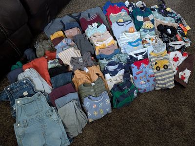 Large Lot of Mixed Brand Baby Boy Clothes - Size 12-18 Months, Onesies, Overalls, Pants & More