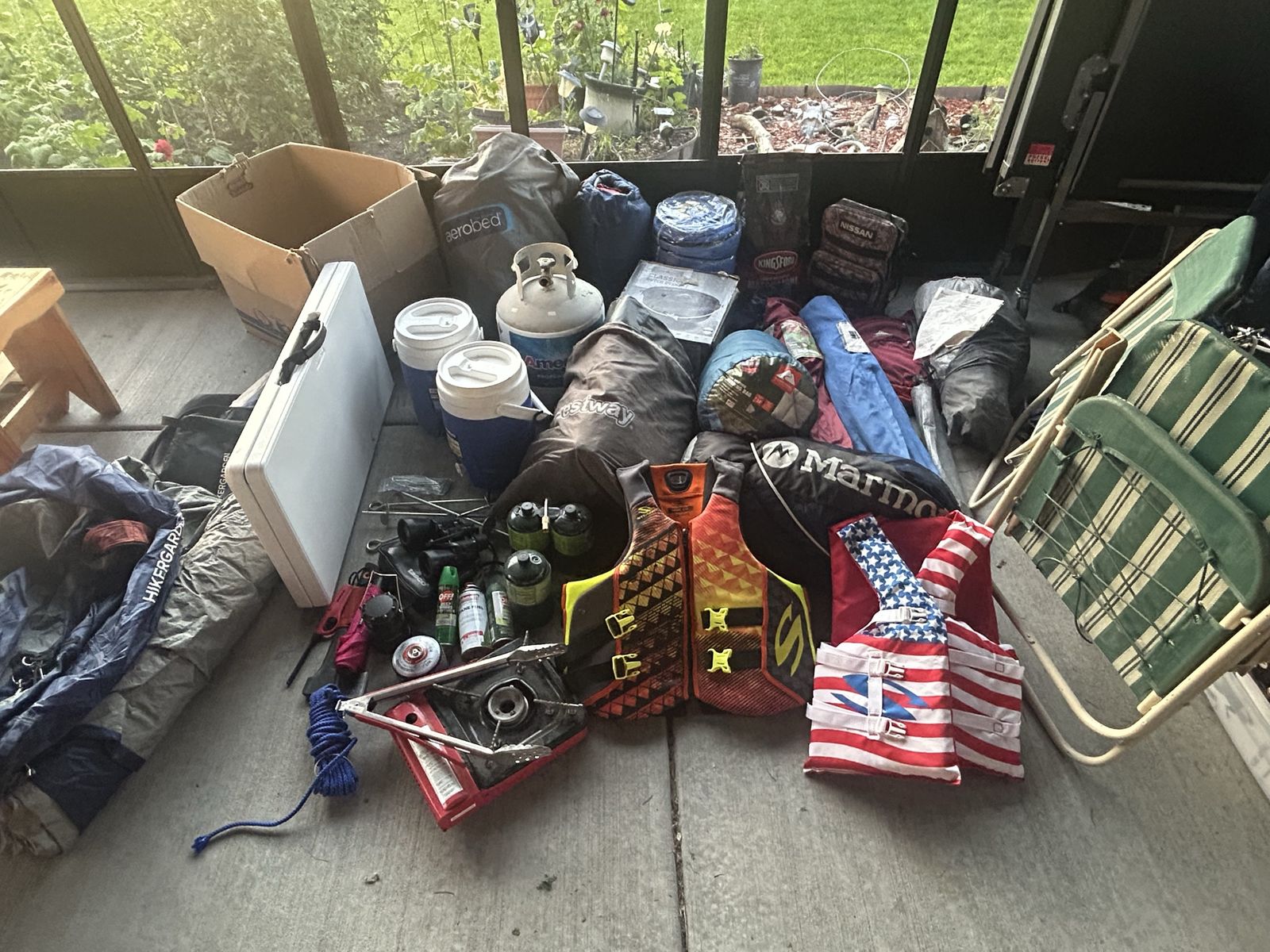 Big Lot of Various Camping & Outdoors Gear, 10 Person Tent, Sleeping Bags, 2 Full sz Inflatable Beds, Empty Propane Tank & More