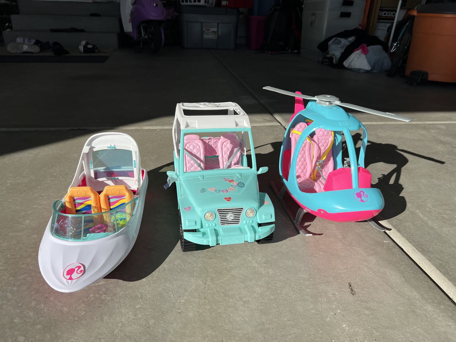Barbie jeep, helicopter and boat