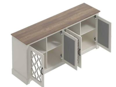 Heron 68.2 in. Ivory with Knotty Oak 4 Mirror Backed Doors Wide TV Stand Fits TV's up to 75 in.