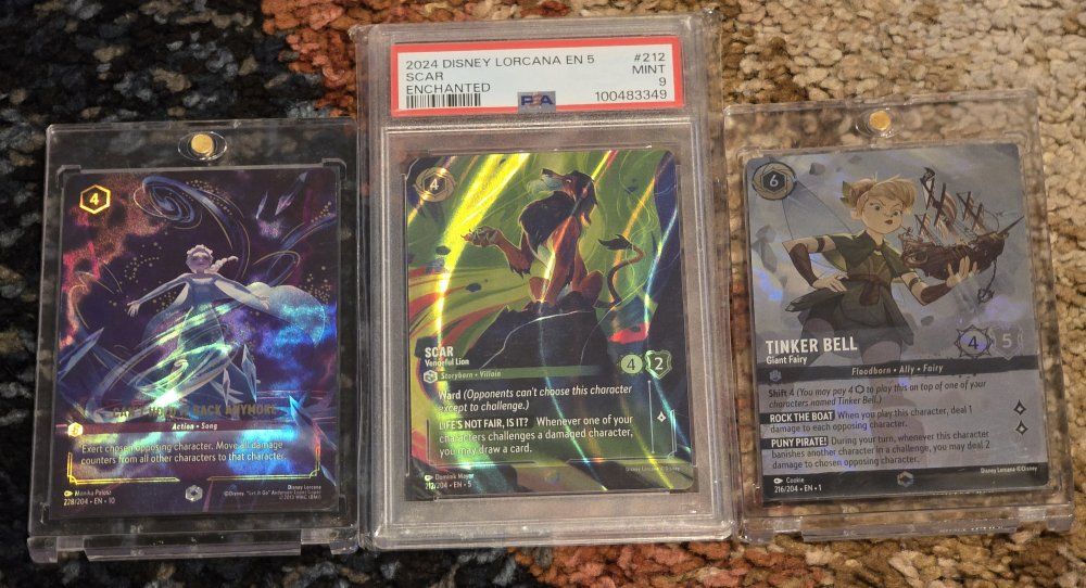 PSA 9 Disney Lorcana Enchanted Scar, Can't Hold It Back Anymore, Tinker Bell Trading Cards