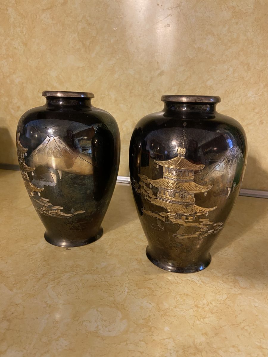 Vintage Japanese Bronze Vases - Mt. Fuji & Pagoda Etchings - Pair