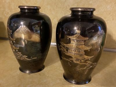 Vintage Japanese Bronze Vases - Mt. Fuji & Pagoda Etchings - Pair