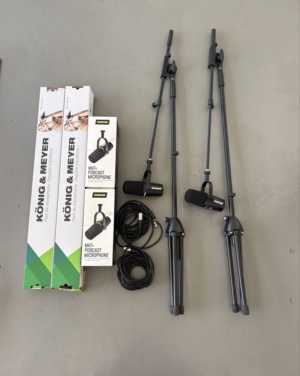 *Like New* Podcast Microphone Bundle — 2x Shure MV7+ with 2x K&M König & Meyer Boom Stands + XLR Cables