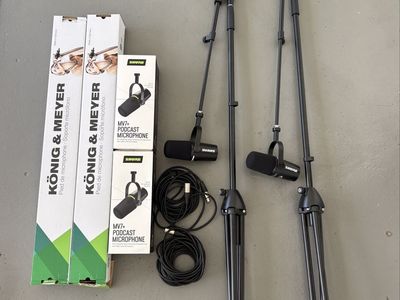 *Like New* Podcast Microphone Bundle — 2x Shure MV7+ with 2x K&M König & Meyer Boom Stands + XLR Cables