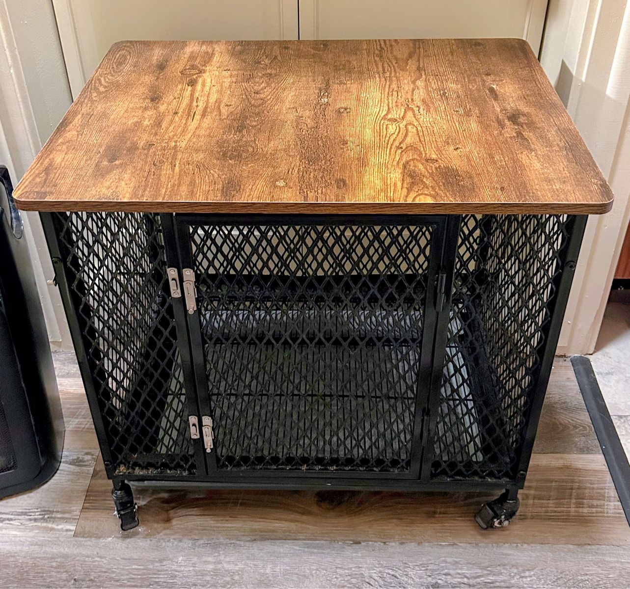 Industrial Style Pet Crate End Table with Removable Tray & Wheels - Black Metal & Wood Top $50.00 OBO Cash Only