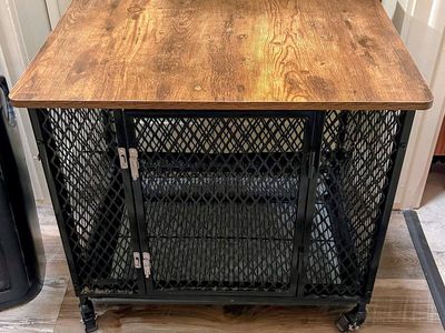 Industrial Style Pet Crate End Table with Removable Tray & Wheels - Black Metal & Wood Top $50.00 OBO Cash Only