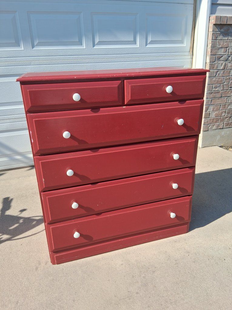 Red Wooden Tallboy Dresser Chest of Drawers with White Knobs