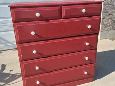 Red Wooden Tallboy Dresser Chest of Drawers with White Knobs
