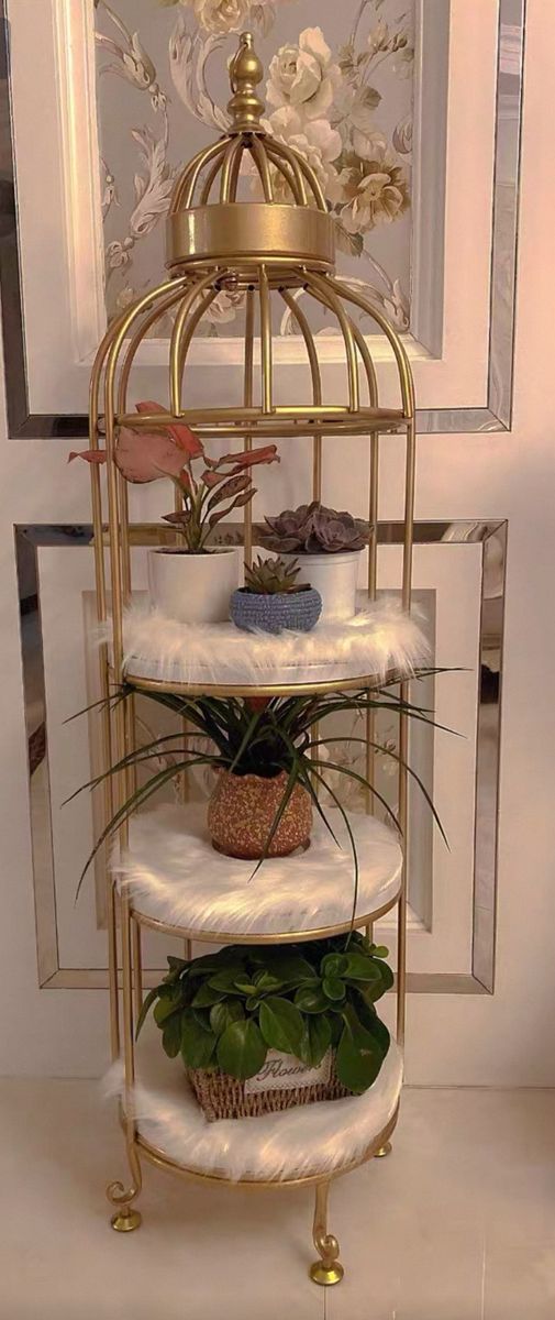 Gold Birdcage Style 3-Tier Display Shelf with Marble Patterned Trays