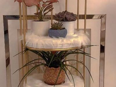 Gold Birdcage Style 3-Tier Display Shelf with Marble Patterned Trays