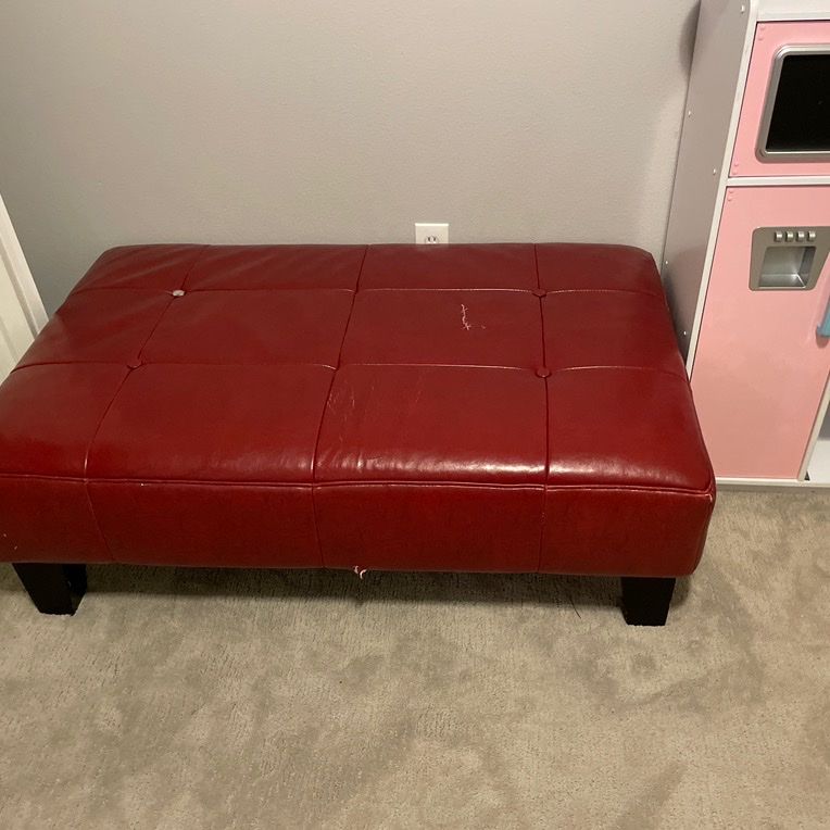 Red Tufted Faux Leather Ottoman/Bench - Versatile Seating & Footrest with Minor Wear