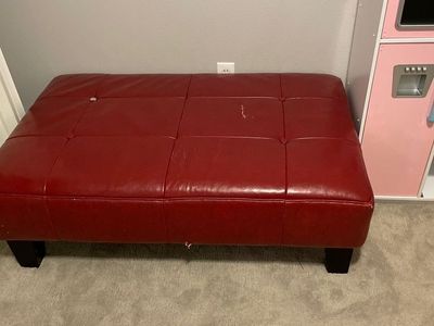 Red Tufted Faux Leather Ottoman/Bench - Versatile Seating & Footrest with Minor Wear