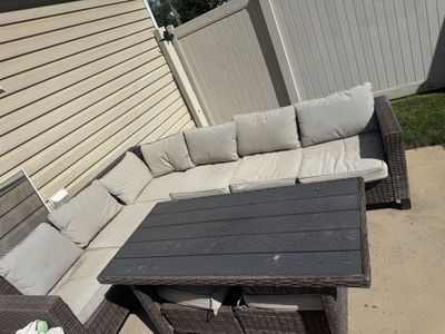 Outdoor Wicker Sectional Sofa Set with Dining Table and Stools