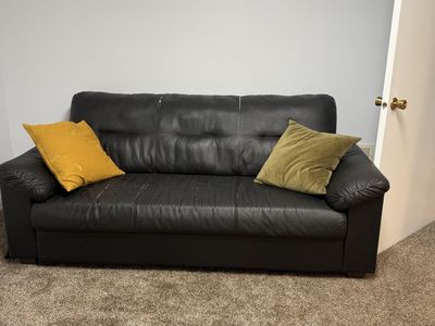 IKEA Black Faux Leather Couch with Accent Pillows