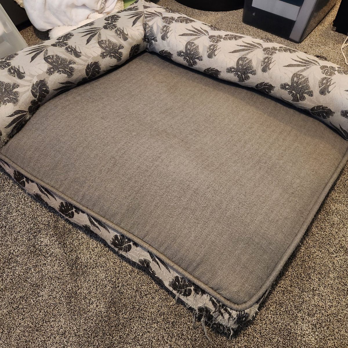 Large Gray Pet Bed with Tropical Leaf Pattern Bolster - Used