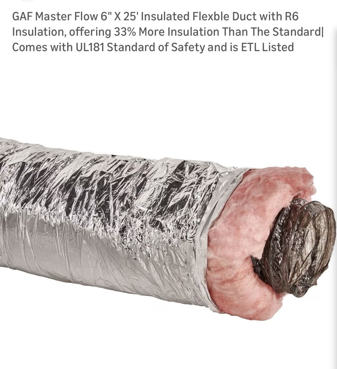 Master Flow 6" x 25' Insulated Flexible Duct with R6 Insulation - ETL Listed, UL181 Standard