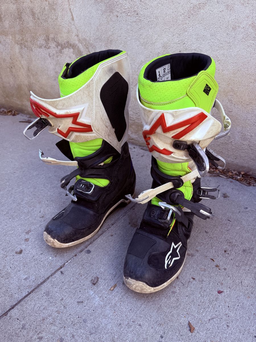 Alpinestars Tech 7 Dirt Bike Boots - Neon Yellow/Black/White/Blue Motocross Riding Boots Sz 12