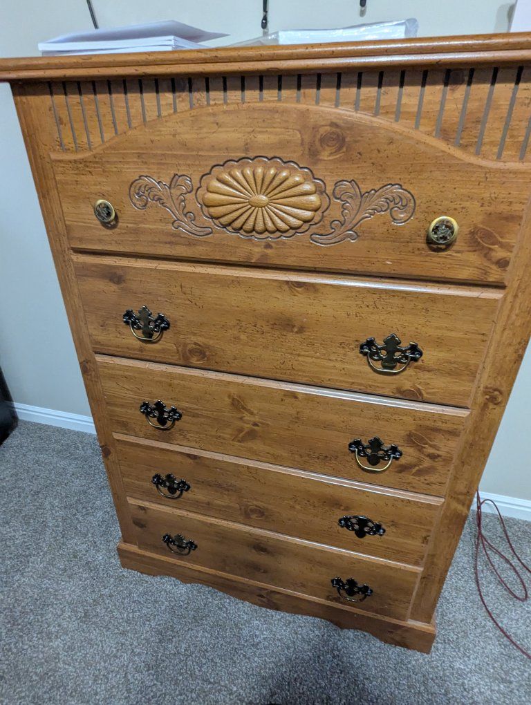 Wooden Dresser with 5 Drawers - Light Brown Wood Grain Finish