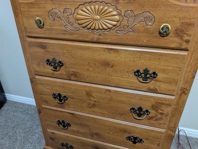Wooden Dresser with 5 Drawers - Light Brown Wood Grain Finish