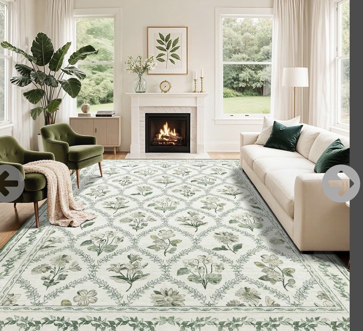 New. 10x14 White & Green Floral Area Rug - Botanical Pattern, Living Room Accent