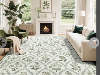 New. 10x14 White & Green Floral Area Rug - Botanical Pattern, Living Room Accent