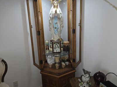 Oak Corner Curio Cabinet Display Case with Glass Doors and Mirrored Backing