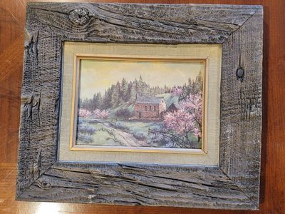 Vintage Rustic Wooden Framed Landscape Print Countryside Cabin Art 10 x 12 Wall Hanging Picture