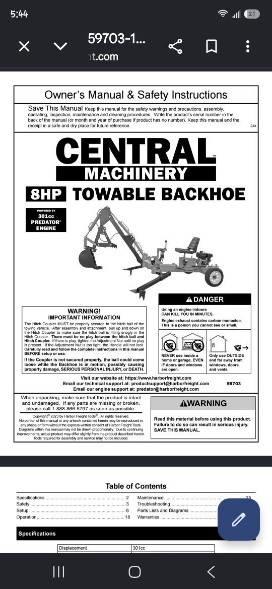 Central Machinery 8HP 301cc Towable Backhoe