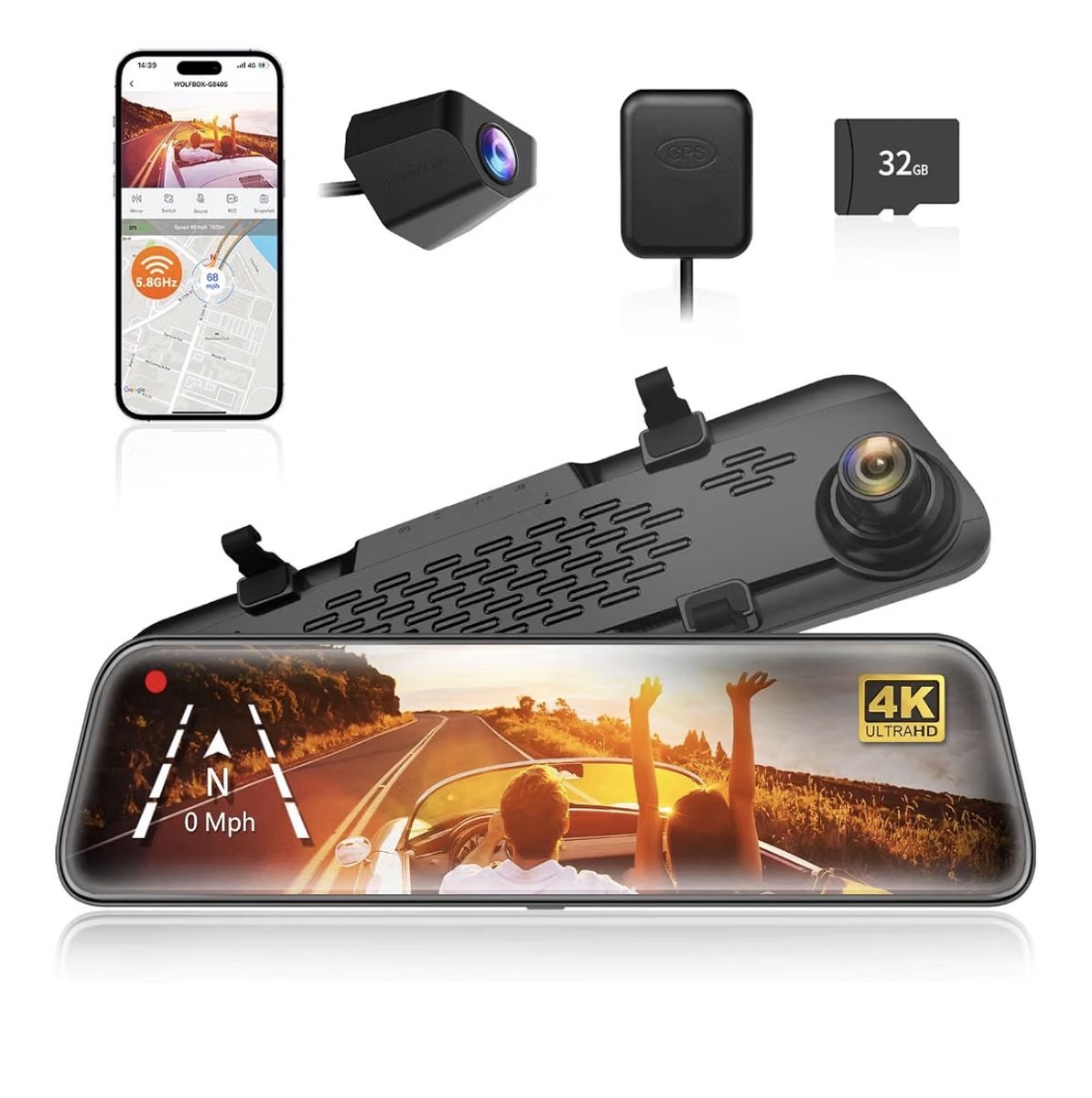 WOLFBOX G840S 12" 4K Mirror Dash Cam Front Rear View Camera Smart WiFi GPS