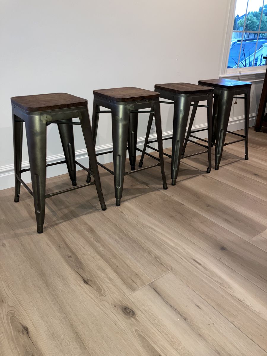 4 Metal Stools with Wood Seats