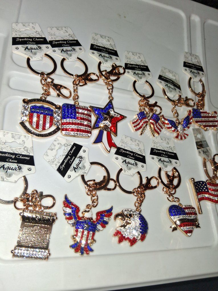 Aqua Sparkling Charms Keychains - Rose Gold & Patriotic Bling Key Ring Lot