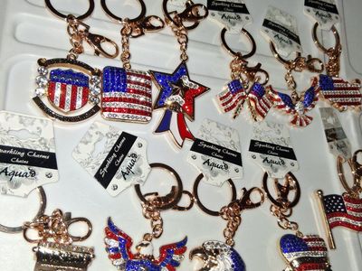 Aqua Sparkling Charms Keychains - Rose Gold & Patriotic Bling Key Ring Lot