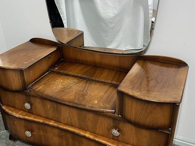 Vintage Art Deco Waterfall Dresser Vanity with Mirror, Built-in Compartments