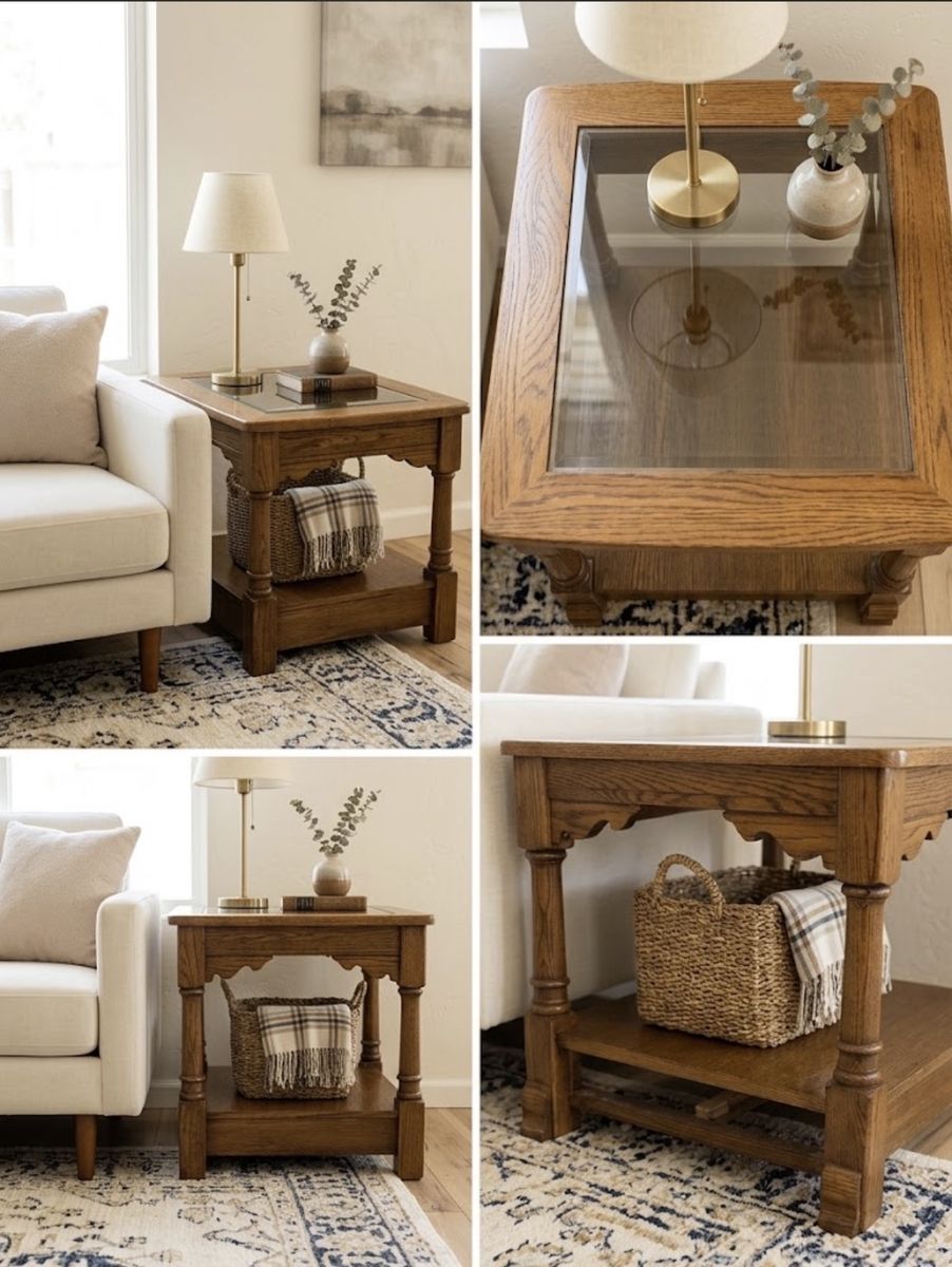 Vintage Wood and Glass Insert End Table with Lower Shelf