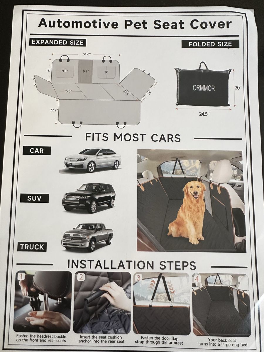 Ormmor Automotive Pet Back Seat Cover - Black Universal Fit for Cars, SUVs & Trucks